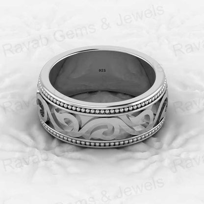 New Design Genuine 925 Sterling Silver Eternity 8mm Wide Band Gold Vermeil Floral Swirl Engraving Ring Personalized Fine Jewelry