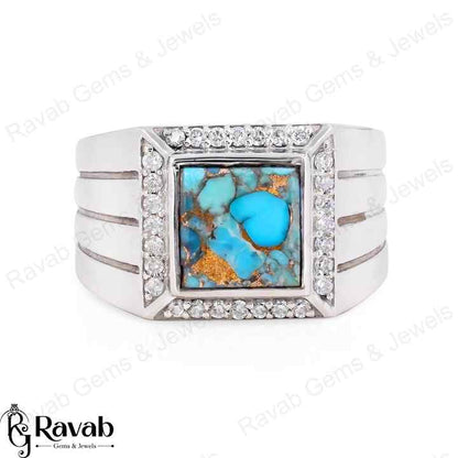 Top Quality Solid 925 Sterling Silver Natural Blue Copper Turquoise Square 10mm Bezel Setting Trending Men's Ring Fine Jewelry