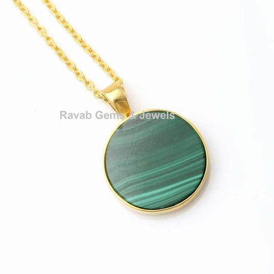 Best Selling Natural Malachite Round Coin Gemstone 925 Sterling Silver 18k Gold Plated Chain Dainty Layering Necklace for Her