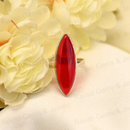 Top Quality Solid 925 Sterling Silver 9x30mm Red Garnet Hydro Cabochon Smooth Marquise Shape Ring for Women Daily Wear Jewelry