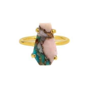 10x17mm Mohave Turquoise Pink Opal Copper Gemstone 18K Gold Plated 925 Silver Dainty Boho Coffin Shape Women's Fine Rings