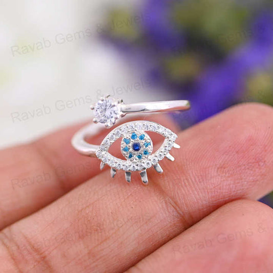 Best Selling Handmade 925 Sterling Silver Pave Zircon Lucky Eye Turkish Adjustable Prong Women Ring Minimalist Fine Jewelry