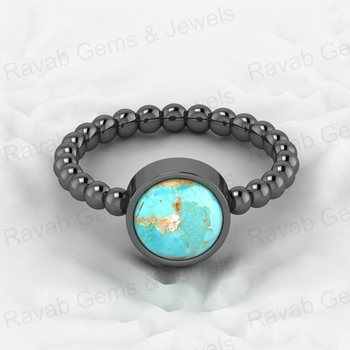 Best Selling 925 Sterling Silver Fine Ring for Women 8mm Natural Arizona Turquoise Stone Beaded Band with Bezel