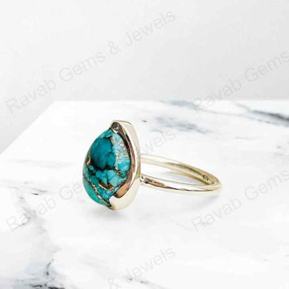 Top Quality Solid 925 Sterling Silver Natural Blue Copper Turquoise Pear 10x14mm Gemstone Bezel Setting Ring for Women Jewelry