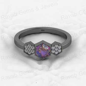 Top Selling 925 Sterling Silver Fine Ring Purple Copper Turquoise Gemstone Bezel Setting With CZ Hexagon Geometric Jewelry