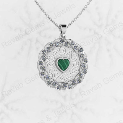 Solid 925 Sterling Silver Natural Malachite Gemstone Heart Shape 5.50mm Filigree Designer Pendant Necklace Handmade Jewelry