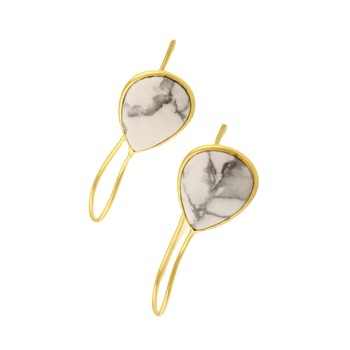 Handmade Indian 925 Sterling Silver Fine Dangle Earrings Natural White Howlite Gemstone With Gold Plating Wholesome Jewelry