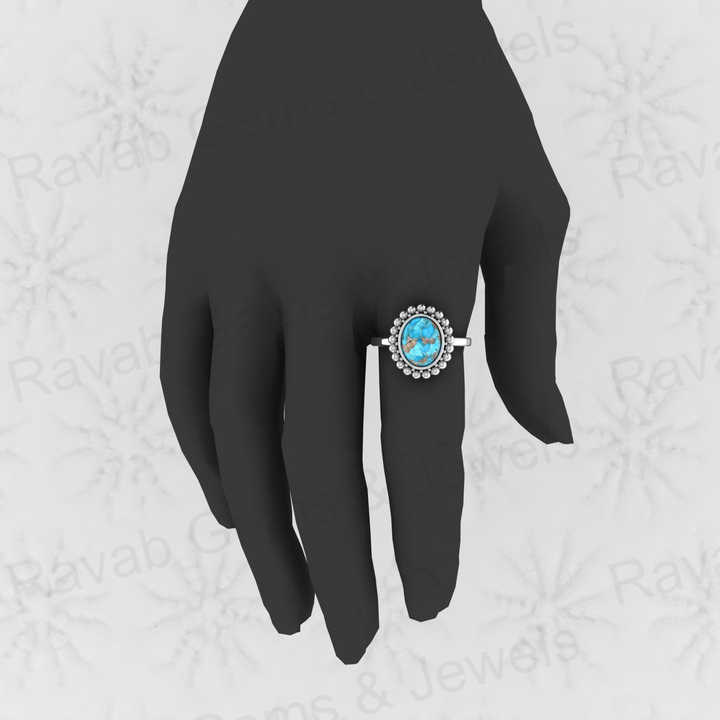 Best Selling 925 Silver Vermeil Eternity Band Natural 8x10mm Pyrite Turquoise Gemstone Bezel Oval Beaded Boho Ring Women Jewelry