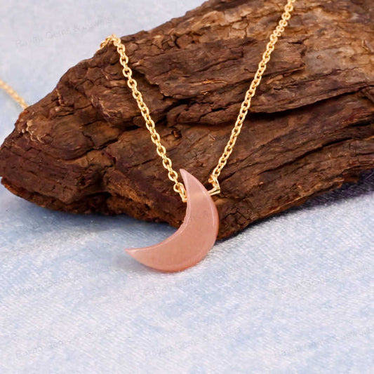Top Trending 925 Silver Fine Jewelry Natural Crystal Peach Moonstone Floating Crescent Moon Shape Pendant Necklace for Women