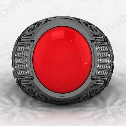 Best Quality Solid 925 Sterling Silver 13x15mm Red Coral Oval Shape Turkish Artisan Designer Ring for Men Ottoman Signet Jewelry