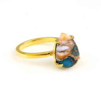 10x14mm Natural Mohave Spiny Oyster Turquoise 18k Gold Plated Dainty Boho Style Fine Sterling Silver Women's Ring Copper