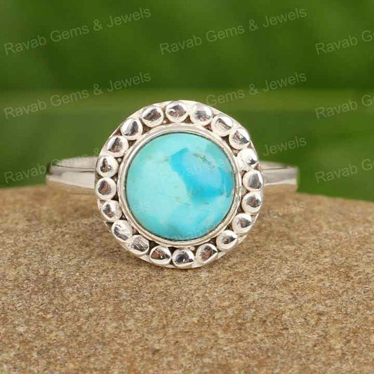New Arrival Genuine Arizona Turquoise Round Shape 12mm Solid 925 Sterling Beaded Designer Statement Handmade Women Ring