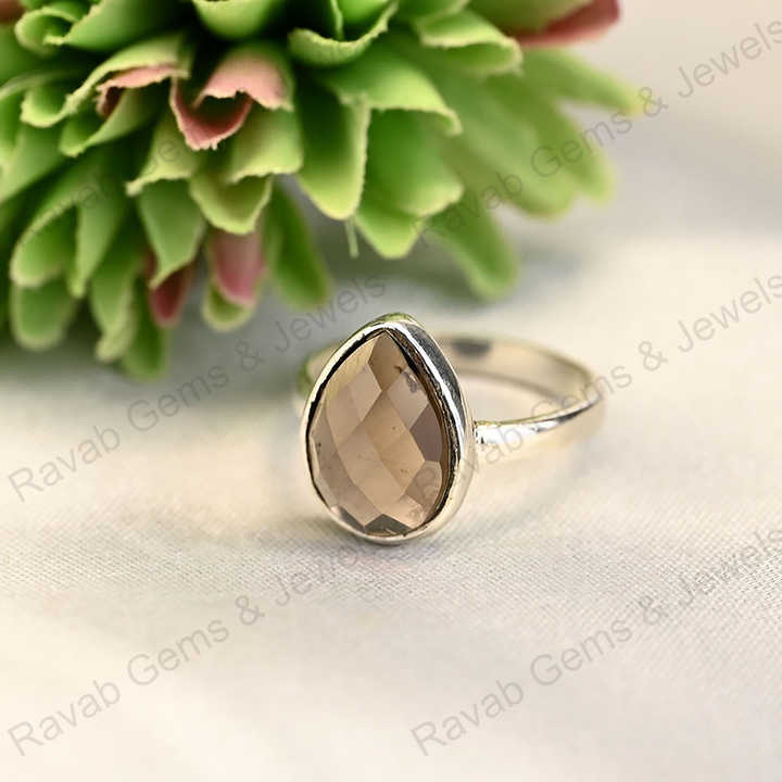 Best Quality Solid 925 Sterling Silver Smoky Quartz Pear Shape Checker Cut Ring for Women Fine Handmade Daily Wear Jewelry