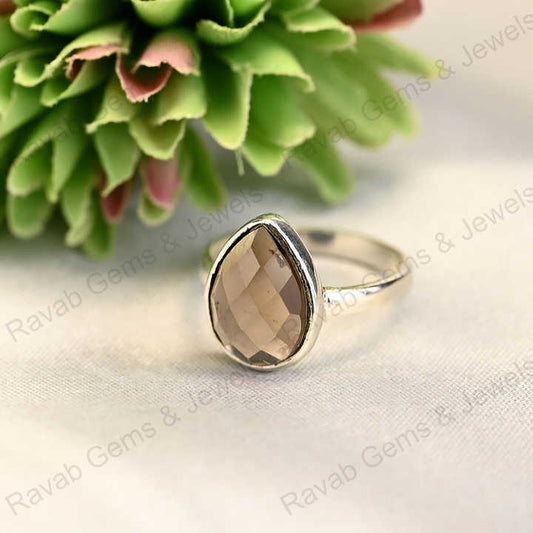 Best Quality Solid 925 Sterling Silver Smoky Quartz Pear Shape Checker Cut Ring for Women Fine Handmade Daily Wear Jewelry
