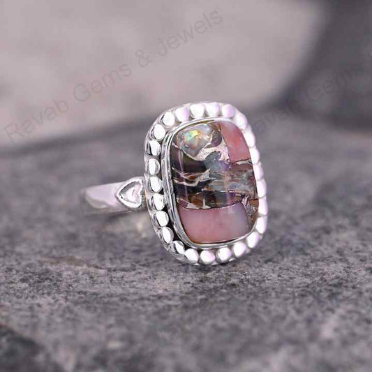 Hot Selling Designer Beaded Cushion Bezel Ring 12x16mm Mohave Pink Copper Opal Solid 925 Sterling Silver Handmade Fine Jewelry