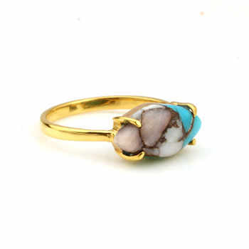 Mohave Turquoise Pink Opal Copper 8x10mm Gemstone 18k Gold Plated Dainty Boho Marquise Ring for Her Handmade Prong Fine Jewelry