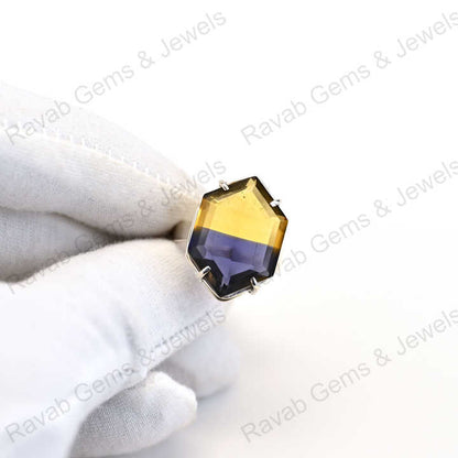 New Arrival Solid 925 Sterling Silver Ametrine Quartz Bio Color Hexagon Prong Setting Ring for Women Fine Handmade Jewelry