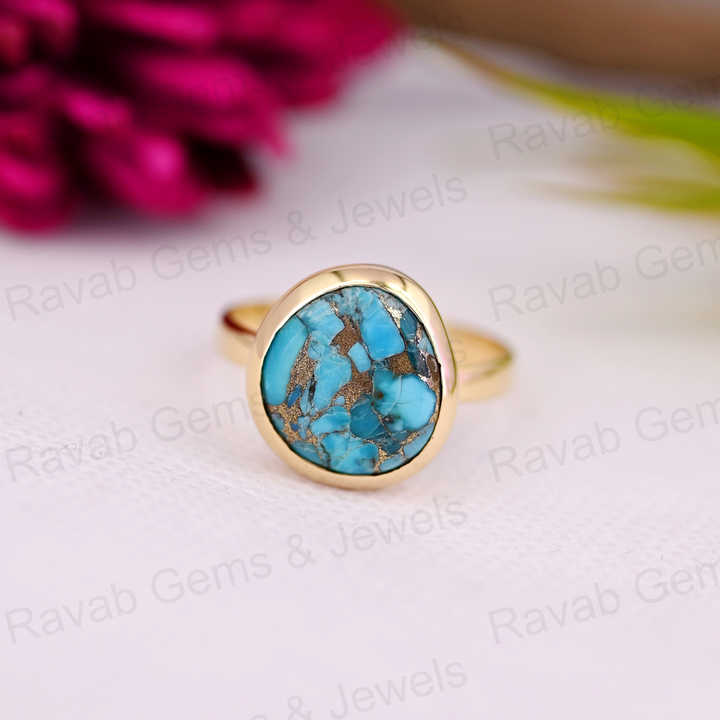 Best Selling 12x13mm Mohave Blue Copper Turquoise 925 Silver Gold Vermeil Bezel Organic Shape Dainty Women Ring Navajo Jewelry