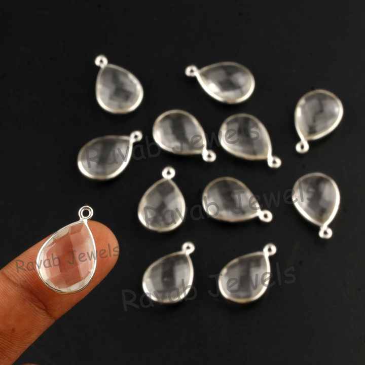 Top Findings Supplier Natural Clear Crystal Quartz Pear Gemstone 92.5 Sterling Silver Bezel Pendant Connector Charms for Jewelry
