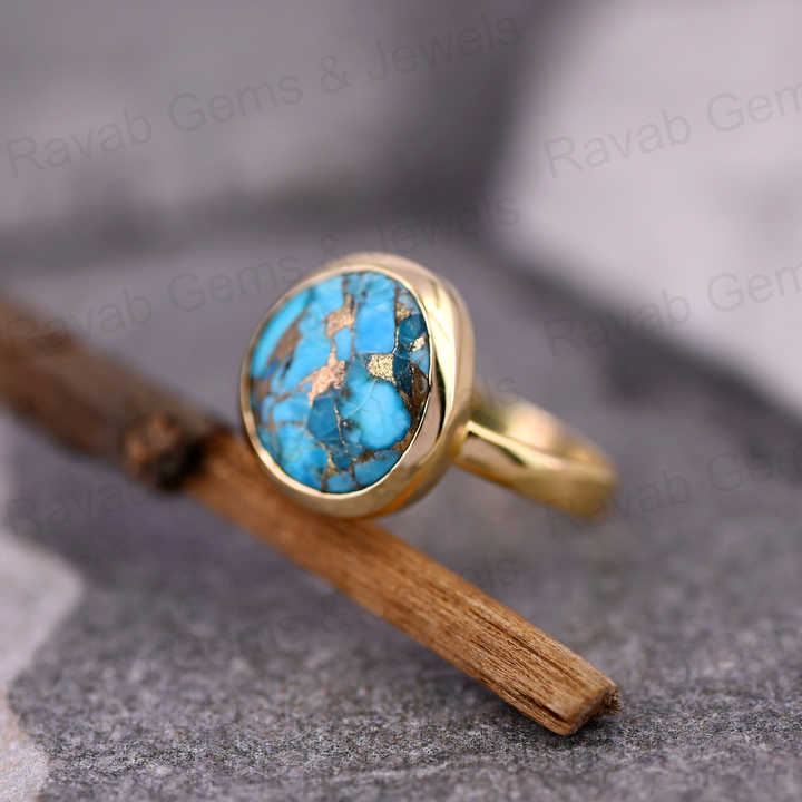 Best Selling 12x13mm Mohave Blue Copper Turquoise 925 Silver Gold Vermeil Bezel Organic Shape Dainty Women Ring Navajo Jewelry