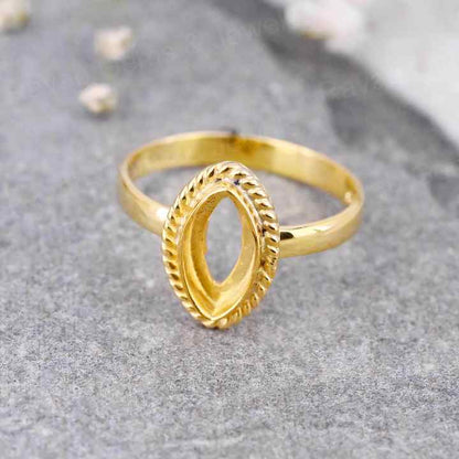 Handmade 925 Sterling Silver Gold Plated 8x16mm Marquise Beaded Open Bezel Ring Setting Blank Gemstone Jewelry Making Findings