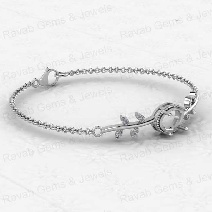 High Quality 925 Silver Semi Mount Bracelet 8x10mm Oval CZ Stone Base With Leaf Design Keepsake Jewelry Blank Setting
