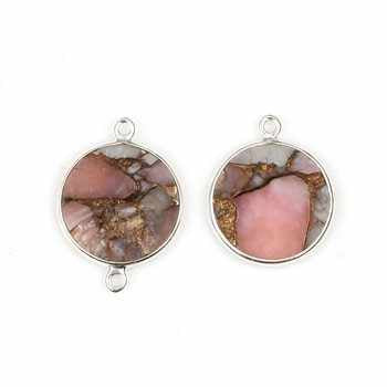925 Sterling Silver Fine Pendants Charms 12mm Coin Pink Opal Copper Composite Gemstone Bezel Connector Pendant Necklace Gold