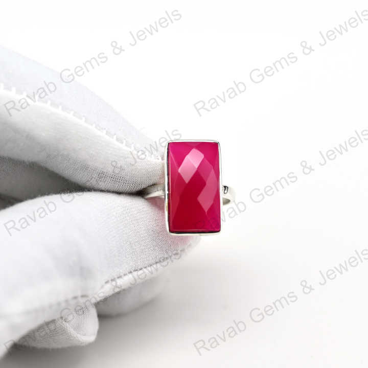 Best Quality Solid 925 Sterling Silver Pink Fuchsia Chalcedony Checker Cut Rectangle Shape Ring for Women Fine Handmade Jewelry