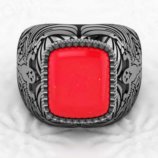 Best Selling Solid 925 Sterling Silver 9x13mm Red Coral Octa Cushion Shape Signet Ring for Men Customized Bikers Fine Jewelry