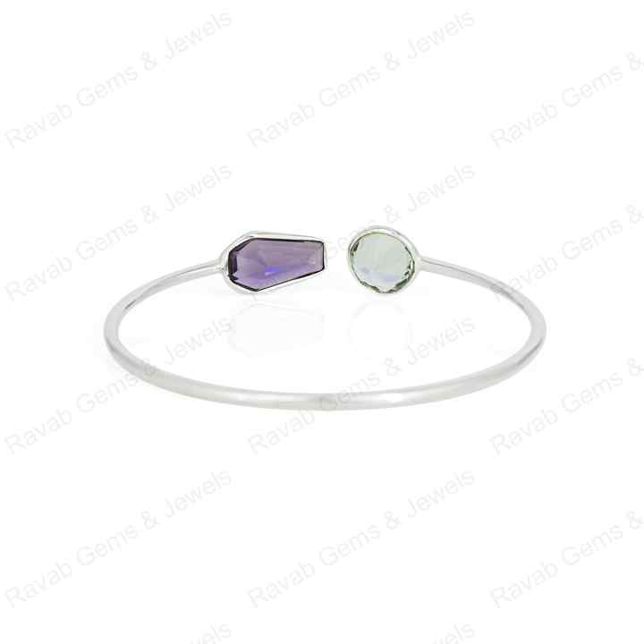 Superb Genuine 925 Sterling Silver Amethyst Coffin & Round Shape Bezel Setting Minimalist Adjustable Bangle Bracelet For Women