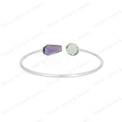 Superb Genuine 925 Sterling Silver Amethyst Coffin & Round Shape Bezel Setting Minimalist Adjustable Bangle Bracelet For Women