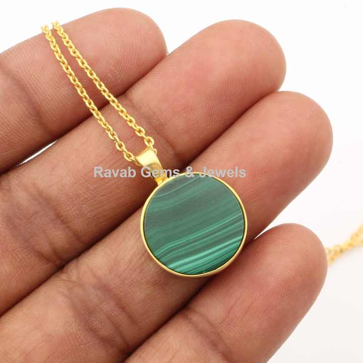 Best Selling Natural Malachite Round Coin Gemstone 925 Sterling Silver 18k Gold Plated Chain Dainty Layering Necklace for Her