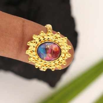 Top Selling 10x14mm Oval Mix Oyster Copper Turquoise Gemstone Ring Women 18K Gold Plated New Arrival Sterling Silver Fine