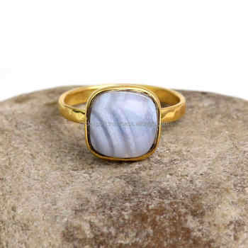 10mm Natural Blue Lace Agate Gemstone Cushion Ring High Quality 18K Gold Plated Bezel Setting Fine Genuine Silver Her Ring