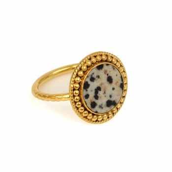 Top Selling 18K Gold Plated 925 Sterling Silver Boho Designer Ring for Women 12mm Natural Dalmatian Jasper Gemstone Bezel Ring