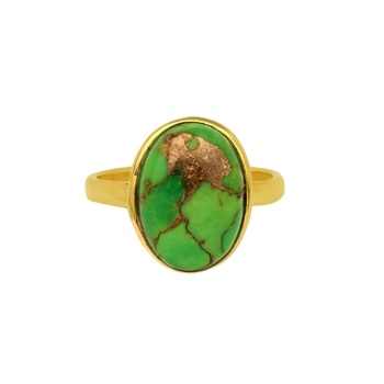 Best Selling 12x16mm Mohave Green Copper Turquoise Gemstone Vermeil Eternity 925 Silver Bezel Oval Statement Women Ring Jewelry