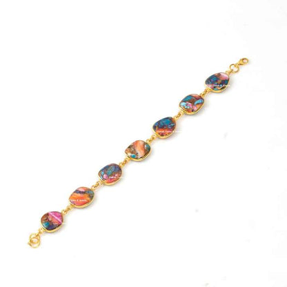 Top Selling Latest Design Mix Spiny Oyster Copper Turquoise Bezel Setting 18k Gold Plated Sterling Silver Chain Bracelet for Her