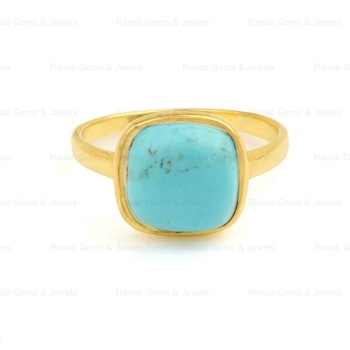 Beautiful High Quality 12mm Genuine Blue Kingman Arizona Turquoise Minimalist Dainty 18K Gold Plated Sterling Silver Ring Her