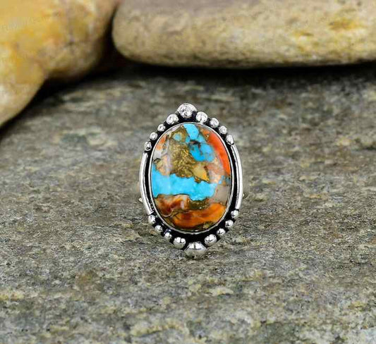 High Quality Handmade 925 Sterling Silver Ring for Women Vintage Fine Jewelry with Spiny Oyster Turquoise 10x14mm Bezel Setting