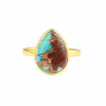 Solid 925 Sterling Silver 18K Gold-Plated Natural Lava Turquoise Copper 10x14mm Pear Bezel Setting Ring Women Fine Parties