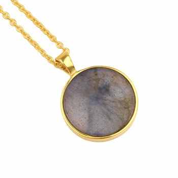 Women's Dainty 15mm Natural Blue Fire Labradorite Pendant Necklace Personalized Fine Sterling Silver Gold Plating Minimalist