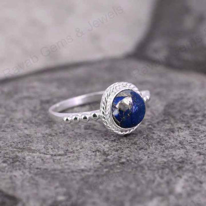 Natural Lapis Lazuli 10mm Round Cabochon Gemstone Solid 925 Sterling Silver Beaded Bezel Setting Ring Handmade Fine Jewelry