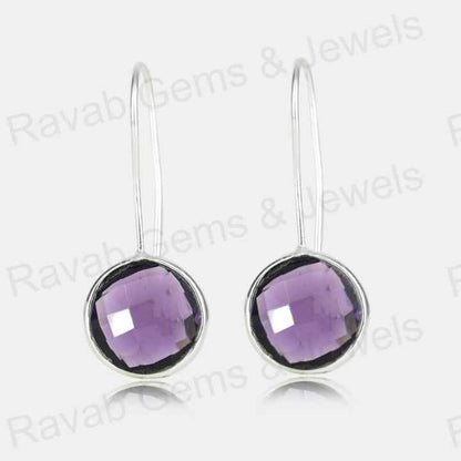 Top Quality Solid 925 Sterling Silver Amethyst Quartz 10mm Round Checker Cut Dangle Drop Earring for Women Fine Handmade Jewelry