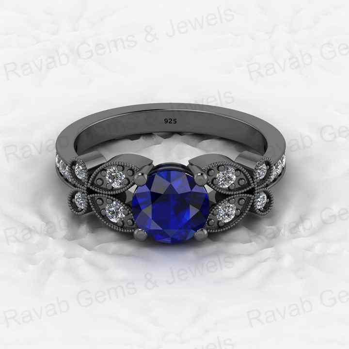 Beautiful Genuine 925 Silver Round Cut Blue Sapphire Quartz With CZ Gold Vermeil Eternity Prong Women Designer Ring Fine Jewelry