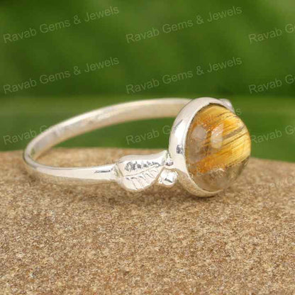 High Quality 10mm Solid 925 Sterling Silver Women's Engagement Rings Natural Golden Rutile Cabochon Leaf Designer Style Direct