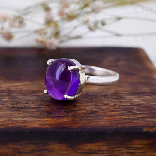 Top Selling 925 Silver Dainty Women Ring 10x14mm Oval Natural Purple Amethyst Handmade High Polished Prong Setting Fine Jewelry