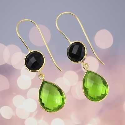 Best Selling Solid 925 Sterling Silver 18k Gold Plated Peridot & Black Onyx Drop Dangle Checker Cut Bezel Setting Fine Earring