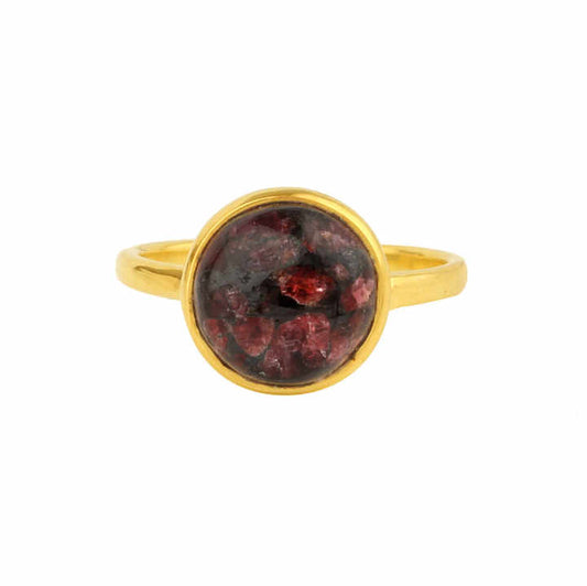Solid 925 Sterling Silver 18K Gold Plated Minimalist 12mm Bezel Setting Ring with Natural Eudialyte Fine Jewelry for Women