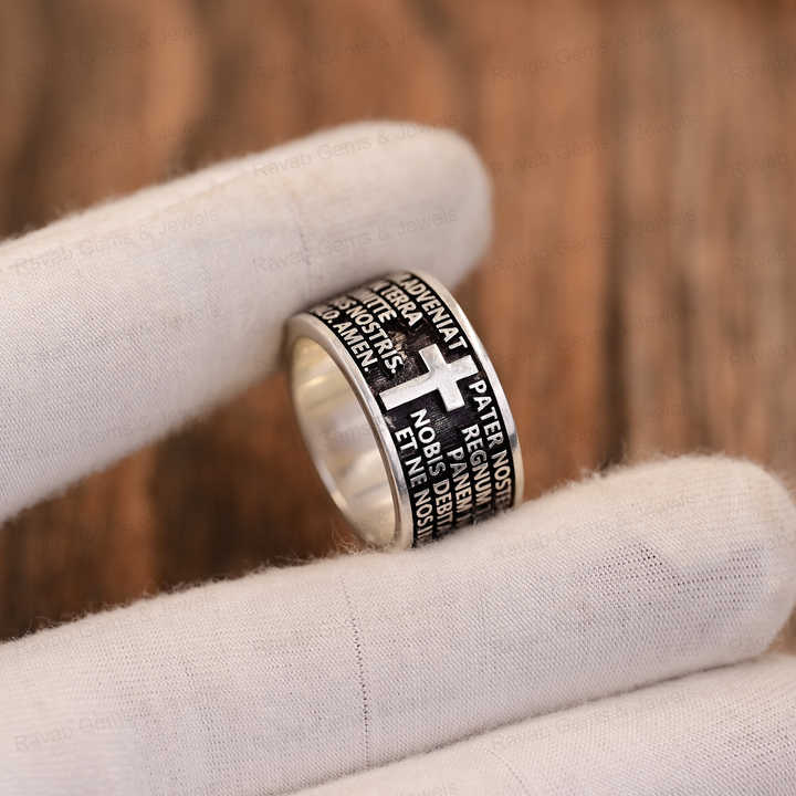 Top Selling Handmade 925 Silver Wide Band Spiritual Catholic Prayer Cross Christ Embossed Men's Ring Christian Fine Jewelry