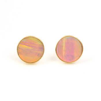 New Arrival Handmade 925 Sterling Silver 18K Gold Filled Stud Earring Girls Synthetic Multi-Color Opal Flat Gemstone Fine Stud
